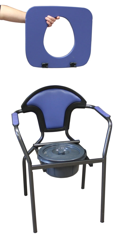 Vista lateral de silla sanitaria con respaldo ergonómico y patas antideslizantes