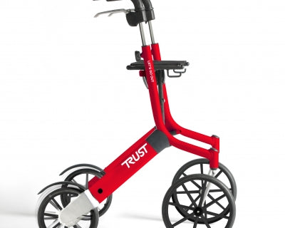 Andador rojo Let's Go Out de Able2 Shop, con ruedas negras y estructura de aluminio.
