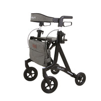 Andador negro mate de Able2 Shop, con asiento y bolsa de tela gris.