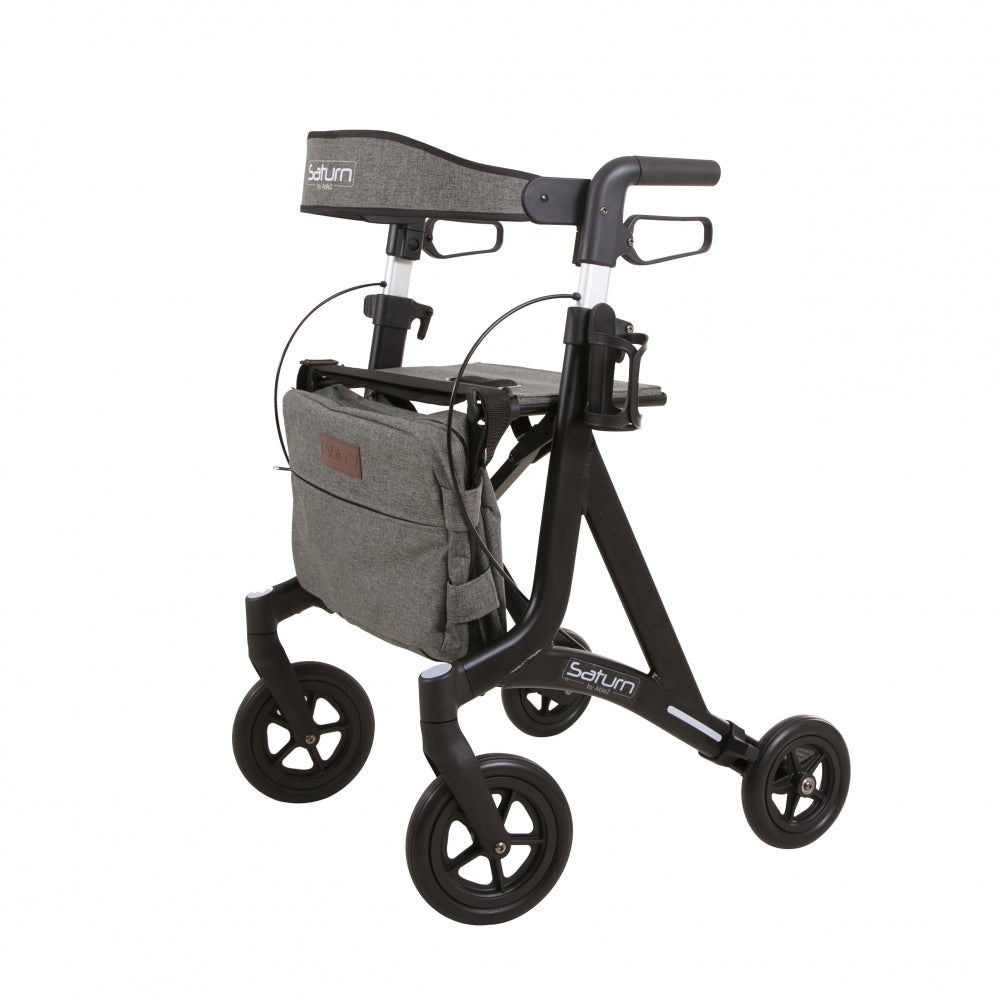 Andador negro mate de Able2 Shop, con asiento y bolsa de tela gris.