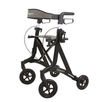 Andador negro mate de Able2 Shop, con asiento y respaldo de tela gris jaspeada, sobre fondo blanco.
