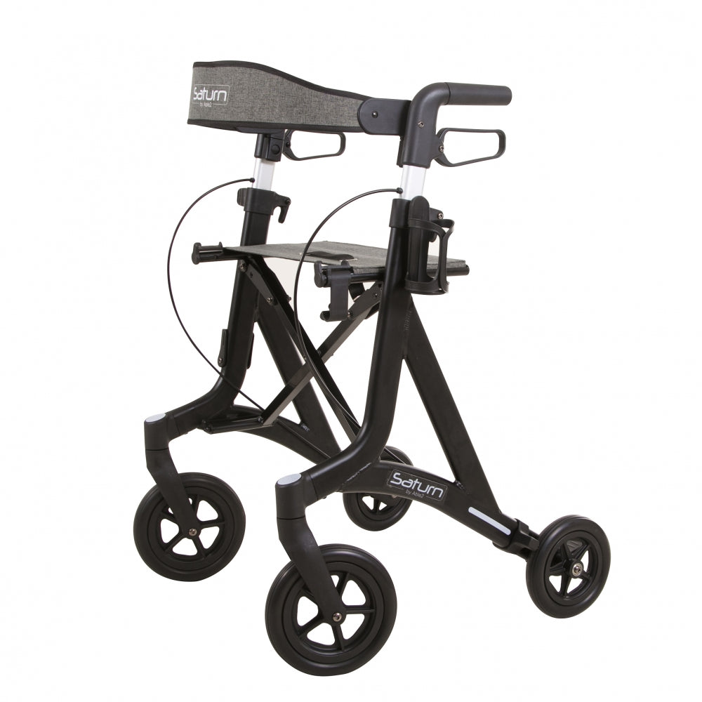 Andador negro mate de Able2 Shop, con asiento y respaldo de tela gris jaspeada, sobre fondo blanco.
