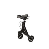 Andador negro mate de Able2 Shop, con reposabrazos acolchados grises y estructura plegable de aluminio.