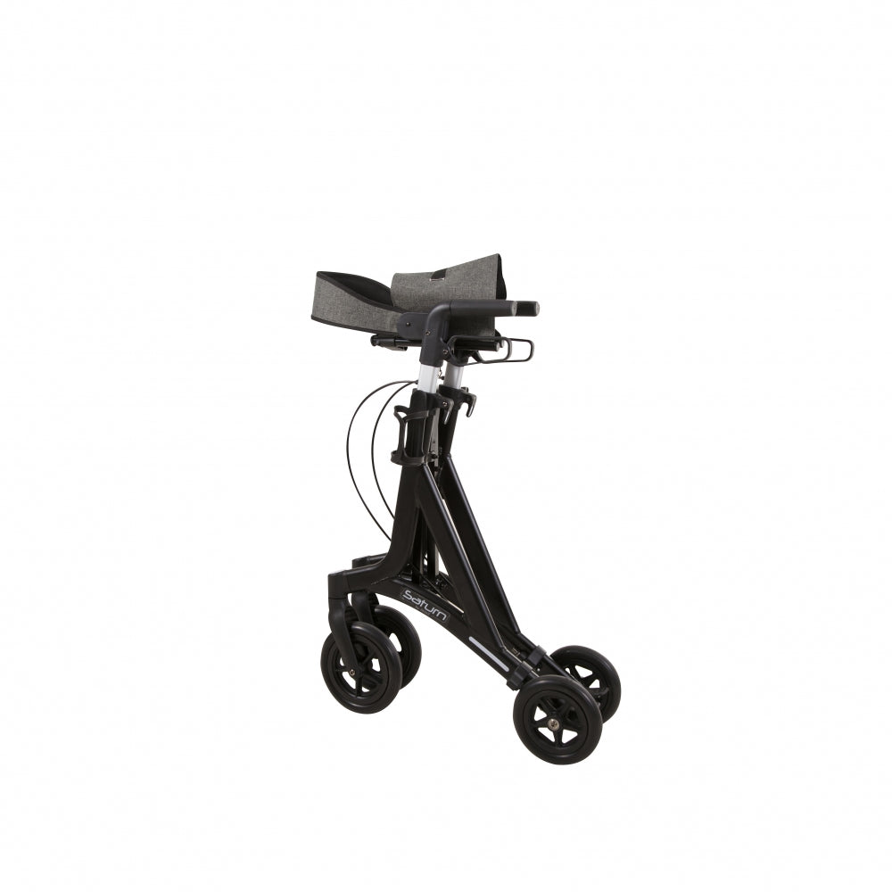 Andador negro mate de Able2 Shop, con reposabrazos acolchados grises y estructura plegable de aluminio.