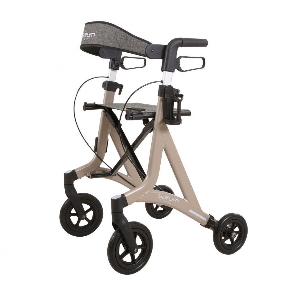 Andador champán Saturn de Able2 Shop, con asiento y respaldo grises, y detalles en negro.
