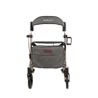 Andador champán Saturn de Able2 Shop con asiento y bolsa de tela gris.
