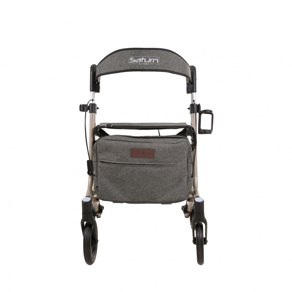 Andador champán Saturn de Able2 Shop con asiento y bolsa de tela gris.