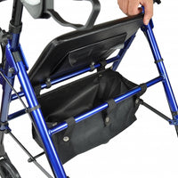 Vista lateral de andador ultraligero con asiento acolchado y cesta de almacenamiento