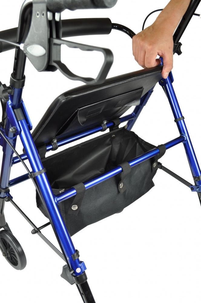 Vista lateral de andador ultraligero con asiento acolchado y cesta de almacenamiento