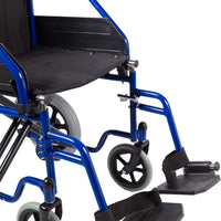 Silla de ruedas plegable compacta de acero azul con forro de nylon negro