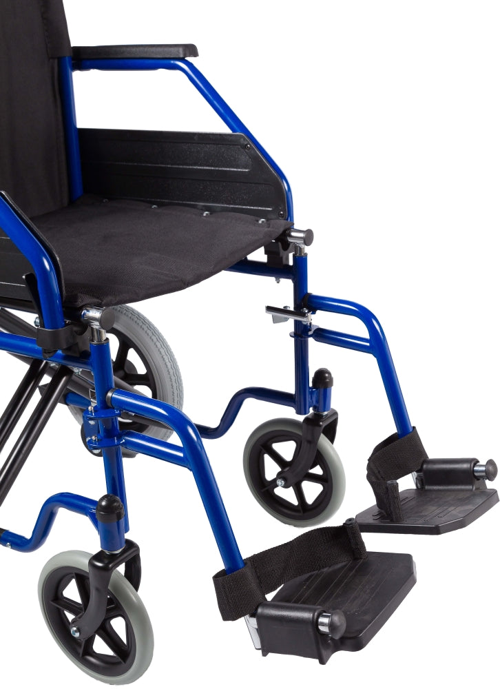 Silla de ruedas plegable compacta de acero azul con forro de nylon negro