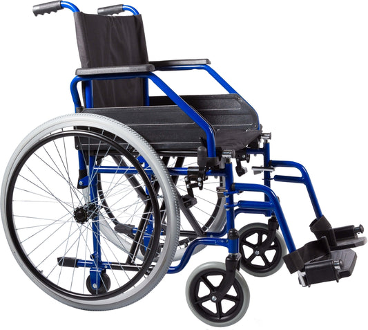 Silla de ruedas plegable azul con ruedas grandes y apoyabrazos desmontables