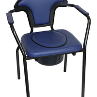 Silla con inodoro azul fija con apoyabrazos acolchados y cubo extraíble