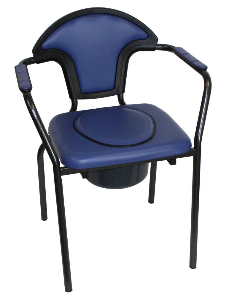Silla con inodoro azul fija con apoyabrazos acolchados y cubo extraíble