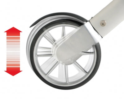 Andador beige y plata de TrustCare con rueda delantera giratoria y flecha roja direccional.