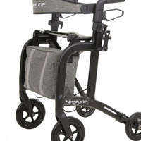 Andador Neptune negro mate de Able2 Shop, con cesta de tela gris con rayas verticales.