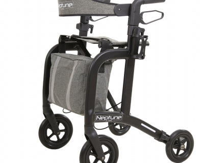 Andador Neptune negro mate de Able2 Shop, con cesta de tela gris con rayas verticales.