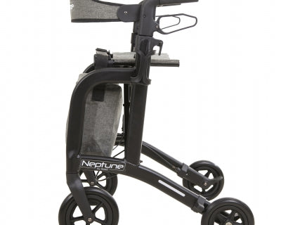 Andador Neptune negro mate de Able2 Shop, con bolsa de almacenamiento gris y cuatro ruedas.