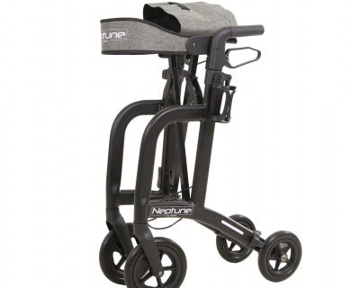 Andador Neptune en negro mate de Able2 Shop, con asiento acolchado gris y diseño plegable.