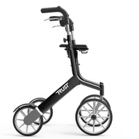 Andador negro Let's Go Out de Able2 Shop, con cuatro ruedas y estructura de aluminio, en vista lateral.