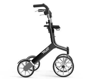 Andador negro Let's Go Out de Able2 Shop, con cuatro ruedas y estructura de aluminio, en vista lateral.