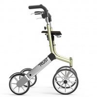 Andador beige y plata de TrustCare Able2 Shop, con cuatro ruedas y estructura plegable, en vista lateral.