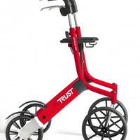 Andador rojo Let's Go Out de Able2 Shop, con ruedas negras y estructura de aluminio.